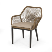 Noble House modern wicker arm chair with water-resistant beige cushions, brown woven frame, stylish outdoor dining club chair