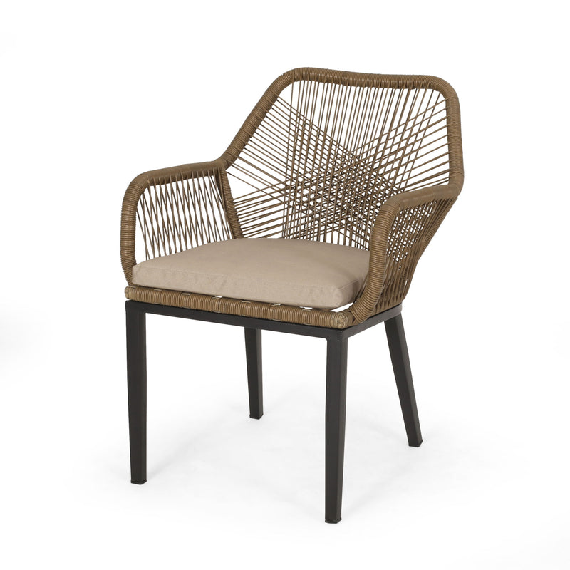 Noble House modern wicker arm chair with water-resistant beige cushions, brown woven frame, stylish outdoor dining club chair