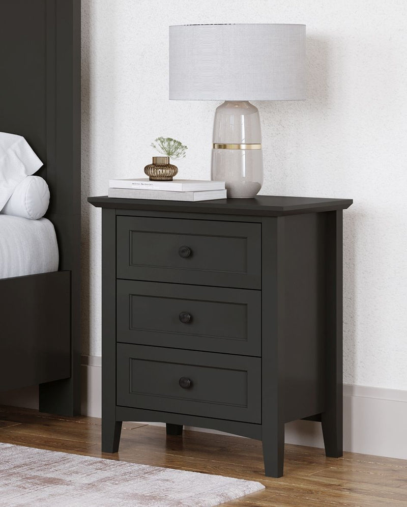 Modus Grace three-drawer nightstand in Raven Black with sleek modern design and metal drawer pulls.