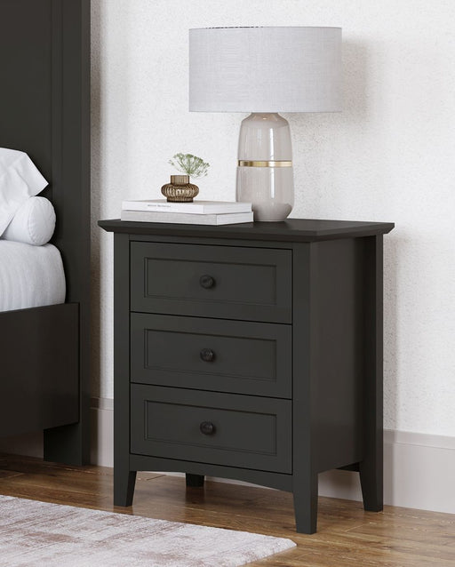 Modus Grace three-drawer nightstand in Raven Black with sleek modern design and metal drawer pulls.