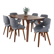 Lumi Source Folia Fabrico 7-piece mid-century modern dining set with wooden table and matching chairs in a stylish dining room.