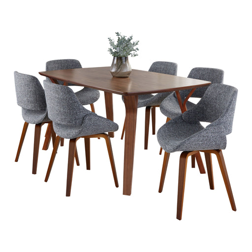 Lumi Source Folia Fabrico 7-piece mid-century modern dining set with wooden table and matching chairs in a stylish dining room.
