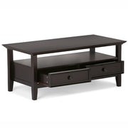 Hickory brown Amherst coffee table by Simpli-Home featuring a rectangular wooden surface and sturdy legs.