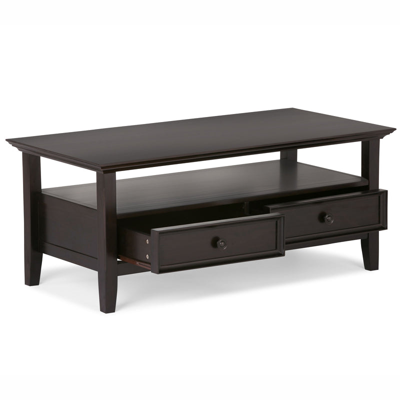 Hickory brown Amherst coffee table by Simpli-Home featuring a rectangular wooden surface and sturdy legs.