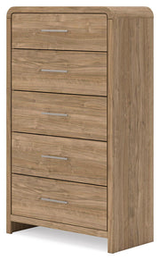 Warm natural brown five-drawer accent chest by Signature Design Ashley with sleek design and gold-tone handles.
