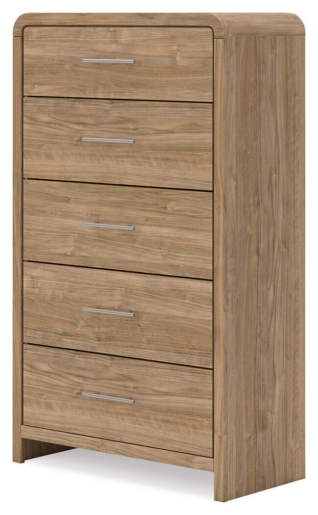 Warm natural brown five-drawer accent chest by Signature Design Ashley with sleek design and gold-tone handles.