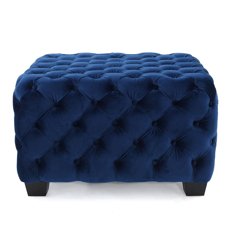 Noble House modern glam upholstered ottoman with button tufted design and plush fabric, serving as stylish living room accent furniture.