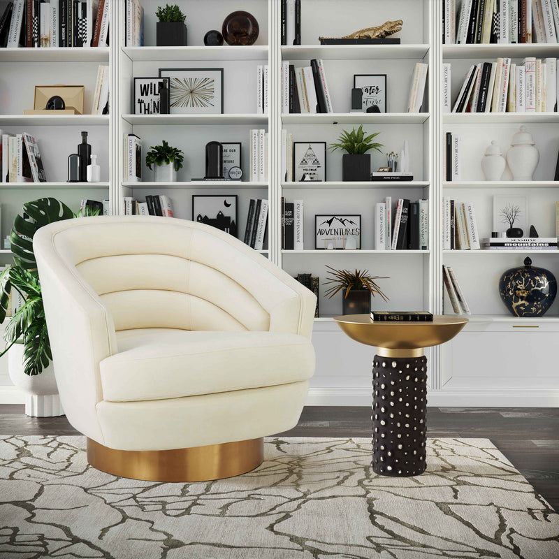 TOV Furniture Blaze glass and brass side table with light brown top, modern design, and sleek metal legs.
