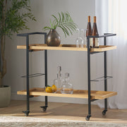 Modern industrial bar cart with shelving and casters by Noble House, featuring a sleek metal frame and wooden shelves.