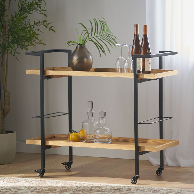 Modern industrial bar cart with shelving and casters by Noble House, featuring a sleek metal frame and wooden shelves.