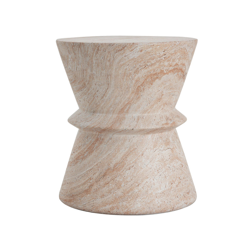 Beige lightweight concrete side table with travertine top, suitable for indoor or outdoor use, by Noble House.