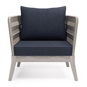Slate gray outdoor conversation arm chair from Simpli-Home's Santiago collection, featuring a comfortable cushioned seat and armrests.