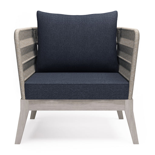 Slate gray outdoor conversation arm chair from Simpli-Home's Santiago collection, featuring a comfortable cushioned seat and armrests.