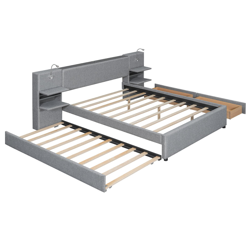Upholstered Platform Bed With Reading Lights, Drawers, Trundle And Shelves - R&R Furniture Gallery (Fountain Valley, CA)