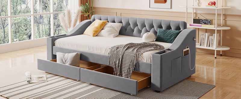Upholstered Daybed With Storage Armrests And USB Port - R&R Furniture Gallery (Fountain Valley, CA)