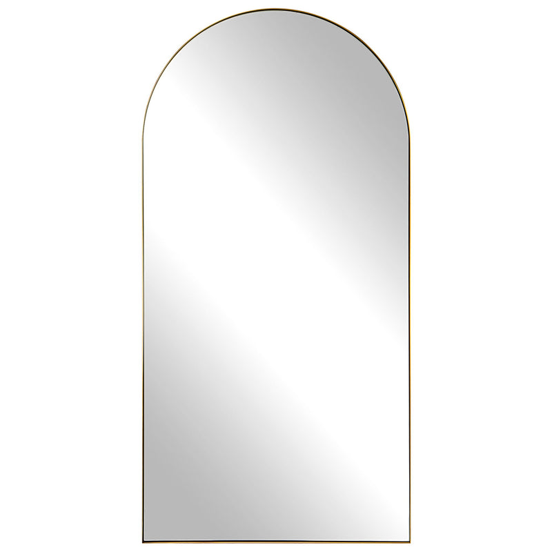 Antique brass Crosley arch wall mirror by Uttermost with a sleek, curved frame and reflective glass for elegant decor.
