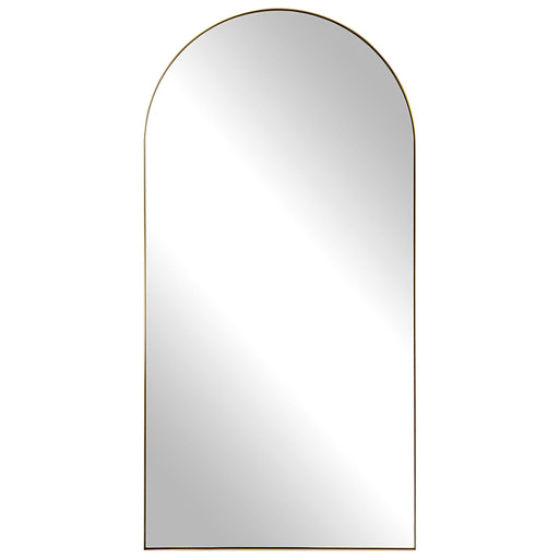 Antique brass Crosley arch wall mirror by Uttermost with a sleek, curved frame and reflective glass for elegant decor.