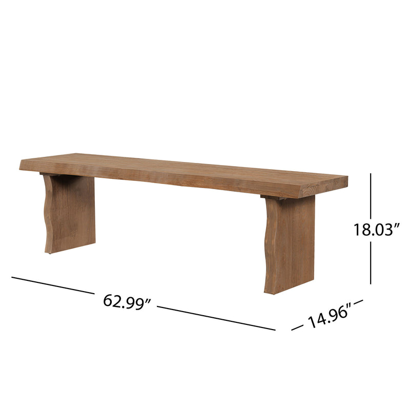 Indoor pine dining bench by Noble House, seats three people, with a sturdy wooden design ideal for kitchen or dining room.