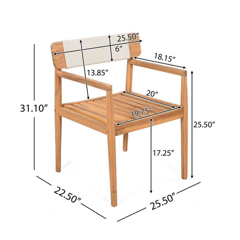 Creative Braided Acacia Wood Outdoor Dining Table And Chairs With Armrests (Set of 2) - Teak / White - R&R Furniture Gallery (Fountain Valley, CA)