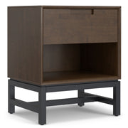 Walnut brown Banting accent nightstand by Simpli-Home with a sleek design and one drawer for storage.