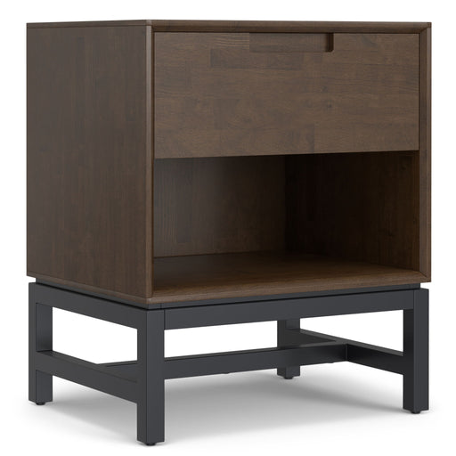 Walnut brown Banting accent nightstand by Simpli-Home with a sleek design and one drawer for storage.
