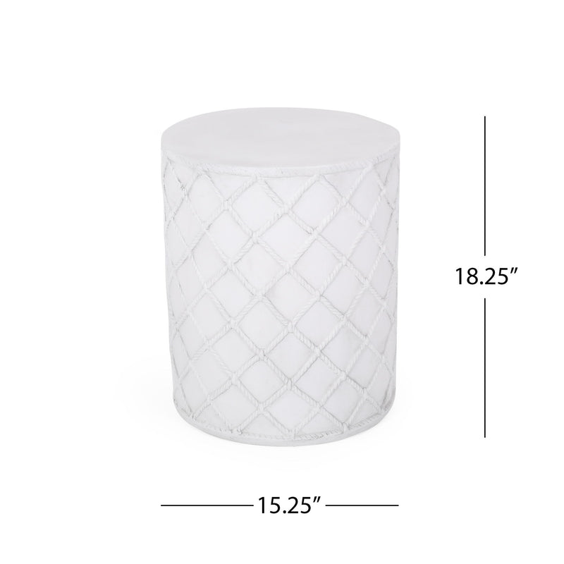 Outdoor antique white end table from Noble House, featuring a rustic design with a round top and sturdy legs.