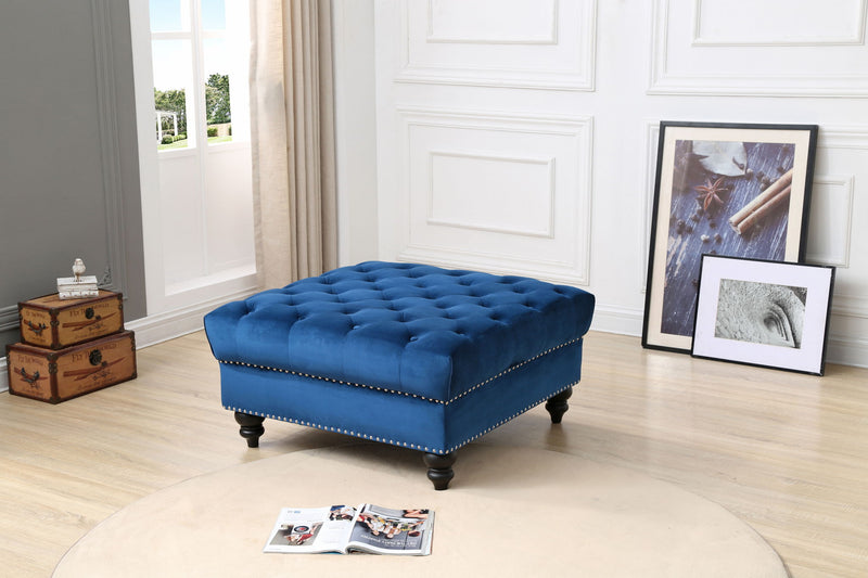 Soft charming traditional upholstered ottoman by Glory Furniture with plush fabric and wooden legs, perfect for living room decor.