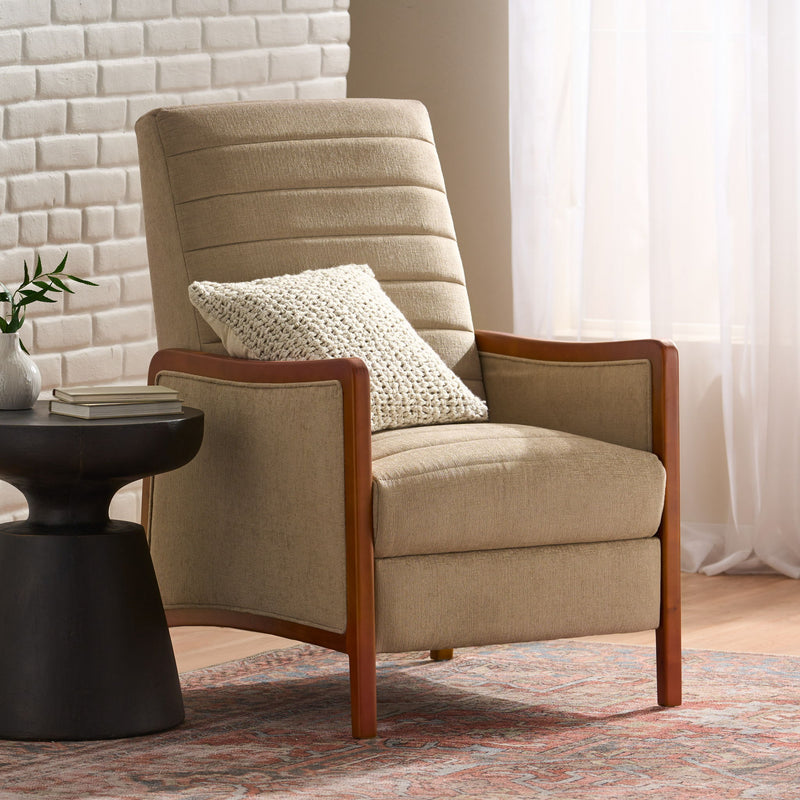 Noble House mid-century modern fabric channel stitch wood pushback recliner with sleek design and cushioned seat, perfect for living room.