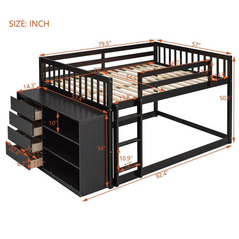 DreamHaus bunk bed with built-in four drawers and three shelves, featuring a sturdy wooden frame and space-saving design.