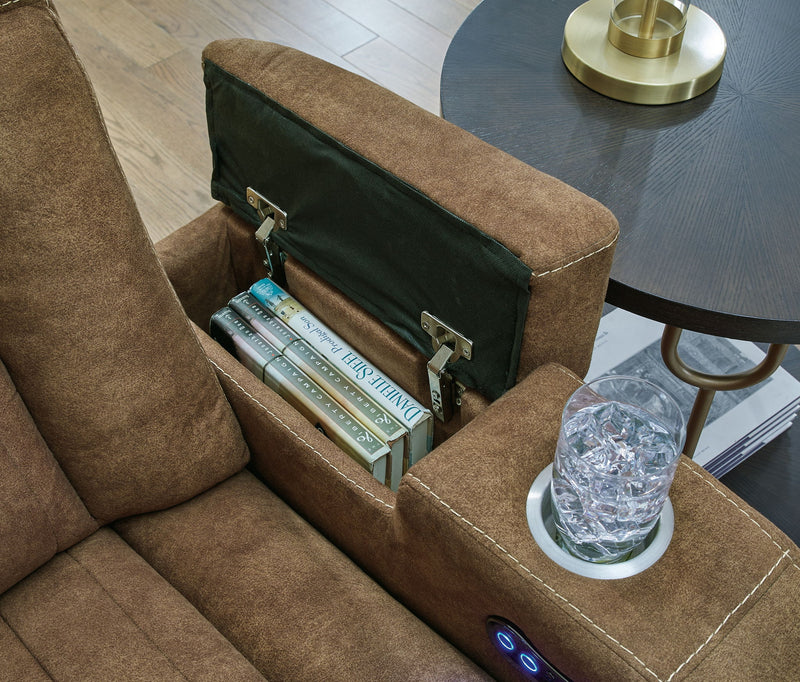 Wolfridge - Power Reclining Loveseat With Console /Adj Hdrst - Brindle - R&R Furniture Gallery (Fountain Valley, CA)