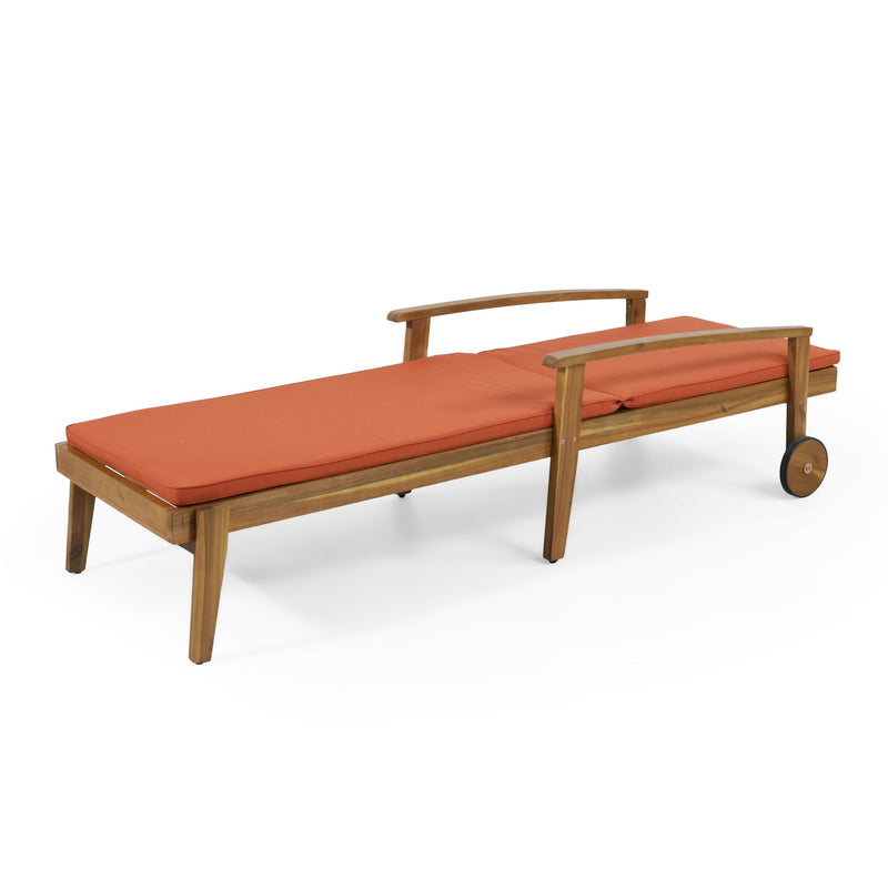 Noble House Jason chaise lounge with adjustable backrest, acacia wood outdoor furniture, featuring a sleek, modern design.