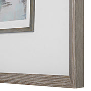 Watercolor framed print titled Morning Lake in blue by Uttermost, featuring a serene lakeside scene with a natural wooden frame.