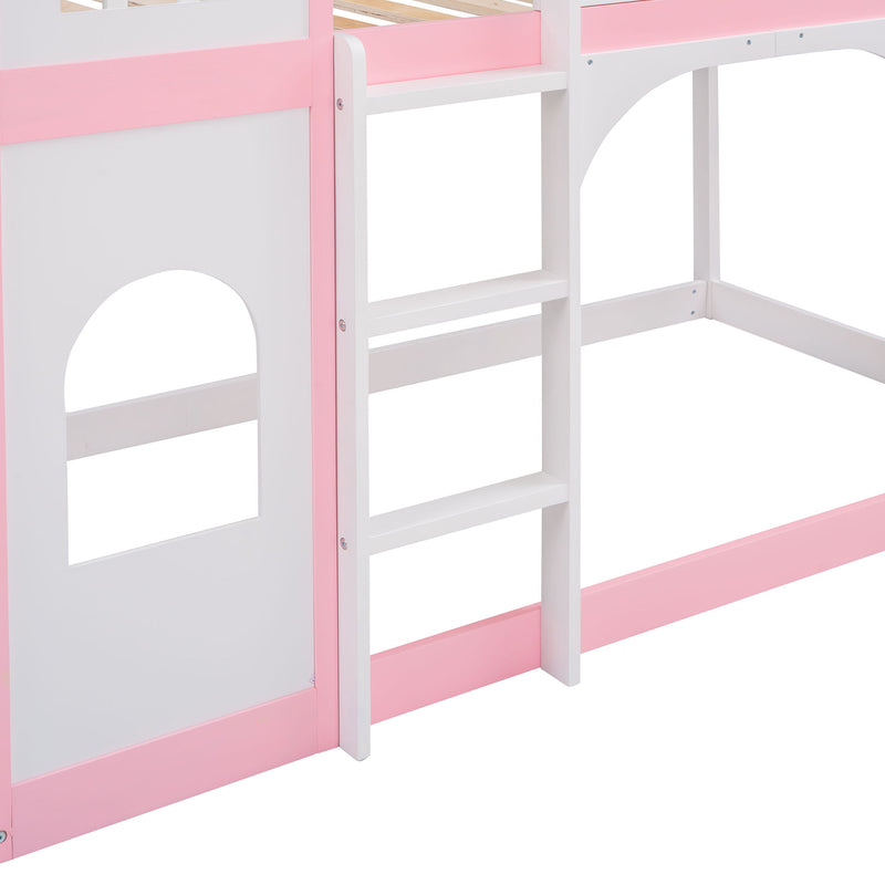 Twin Over Twin Castle Bunk Bed With Ladder - Pink - R&R Furniture Gallery (Fountain Valley, CA)