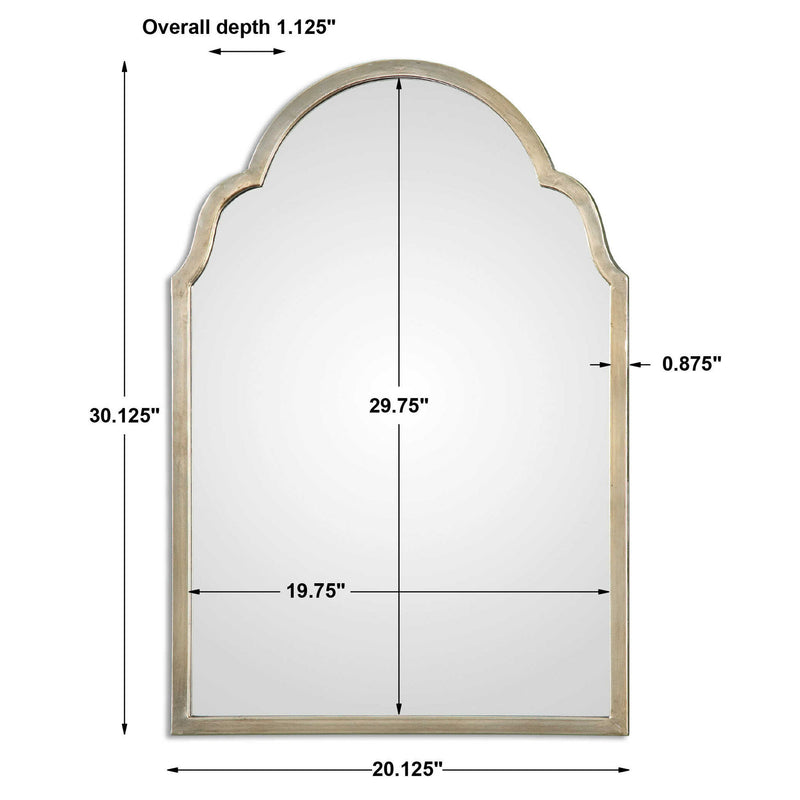 Uttermost Brayden Petite Arch Silver Wall Mirror with a sleek, curved frame, ideal for modern interior decor.