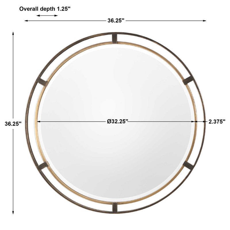 Uttermost Carrizo round bronze wall mirror with a sleek, modern frame, perfect for contemporary home decor.
