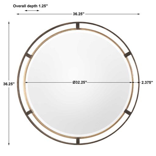 Uttermost Carrizo round bronze wall mirror with a sleek, modern frame, perfect for contemporary home decor.