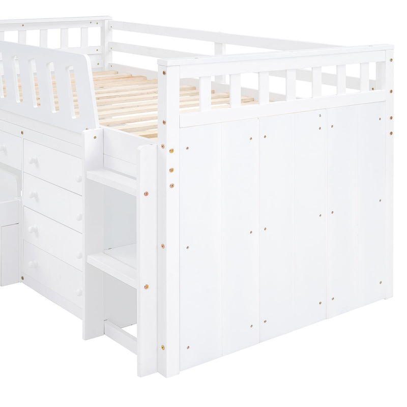 Modern DreamHaus loft platform bed with 7 drawers, full guardrails, and L-shaped space-saving design in a contemporary bedroom setting.