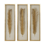 Set of three Uttermost Palma Leaf Shadow Box wall decor in gold with intricate leaf design on textured backgrounds.