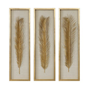 Set of three Uttermost Palma Leaf Shadow Box wall decor in gold with intricate leaf design on textured backgrounds.