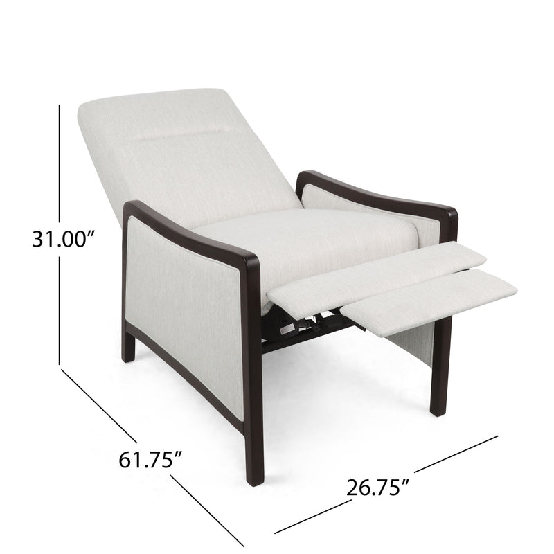 Noble House Drury contemporary fabric upholstered pushback recliner with padded armrests and plush cushioning.