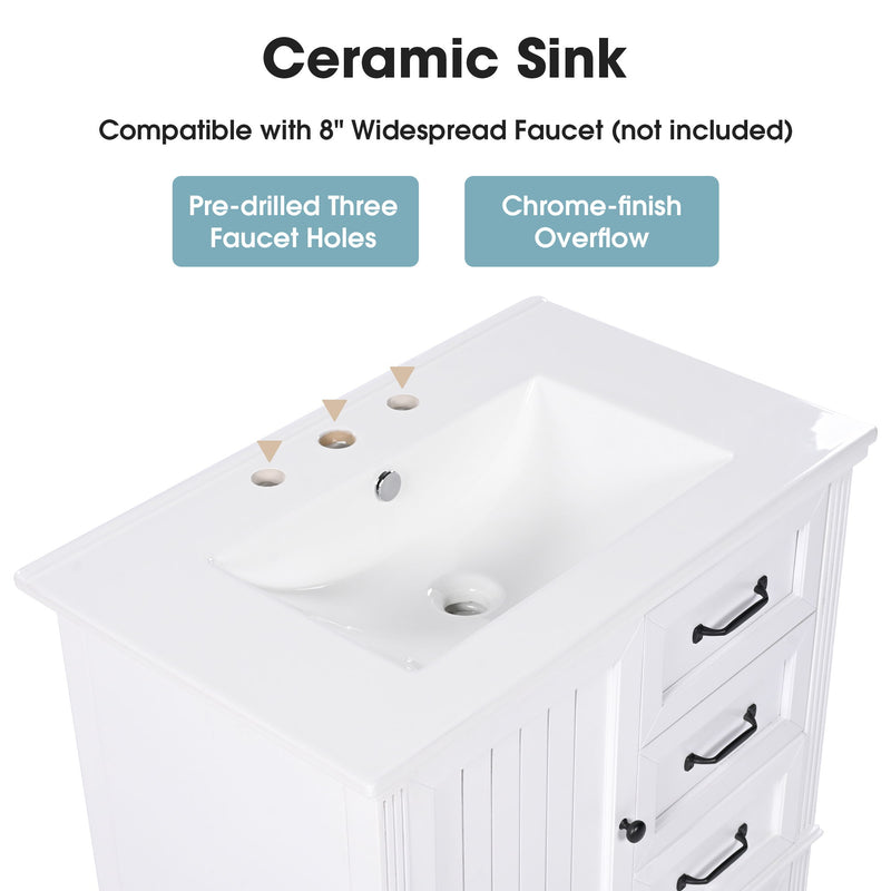 30" Bathroom Vanity With Sink, 3 Drawers, Adjustable Feet - R&R Furniture Gallery (Fountain Valley, CA)