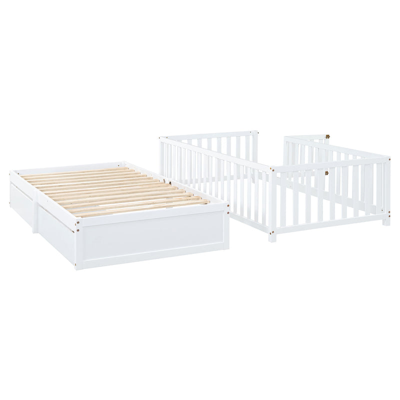 DreamHaus storage daybed with fence guardrails and two drawers, split into independent floor bed and daybed for versatile use.