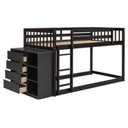DreamHaus bunk bed with built-in four drawers and three shelves, featuring a sturdy wooden frame and space-saving design.