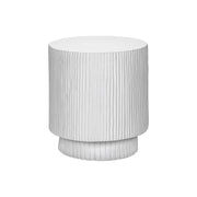 White 8th Street round accent table for indoor or outdoor use, with a sleek, modern design and smooth surface.