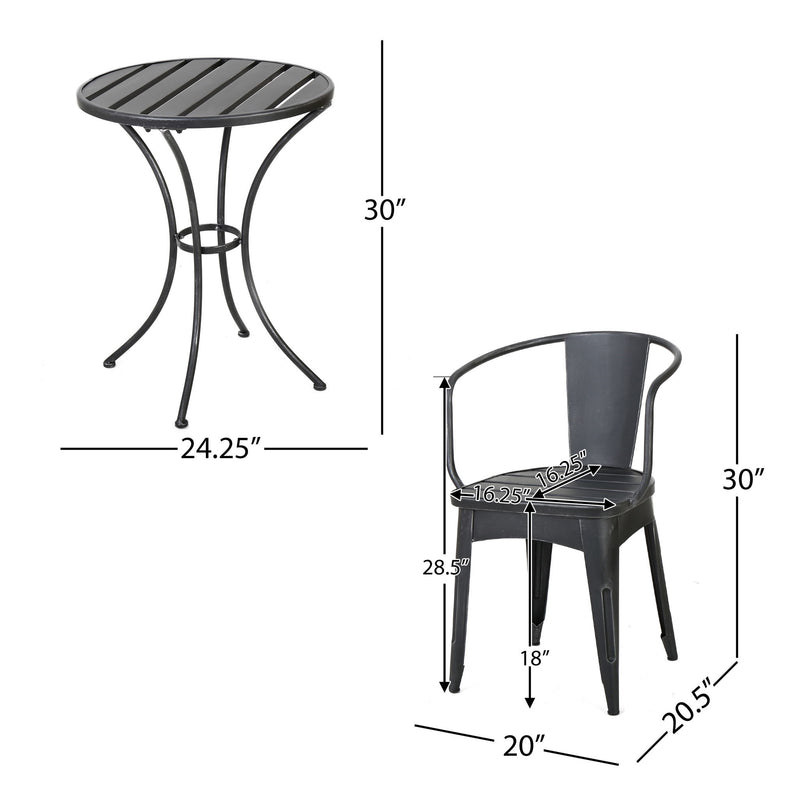 Noble House Yearn 3-piece outdoor bistro set with a table and two chairs, ideal for compact outdoor dining or relaxing.