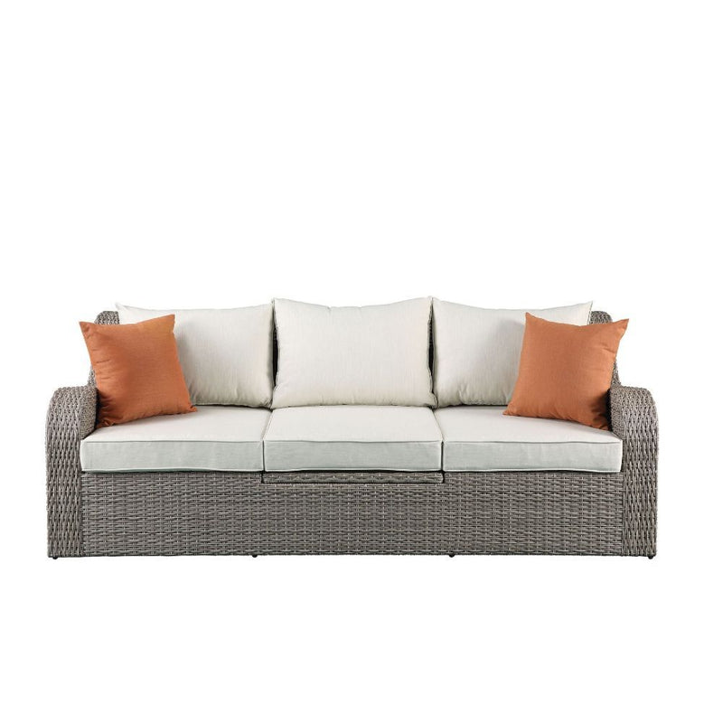 Salena - Patio Sofa With 2 Pillows & 2 Ottomans - Beige Fabric & Gray Wicker - R&R Furniture Gallery (Fountain Valley, CA)