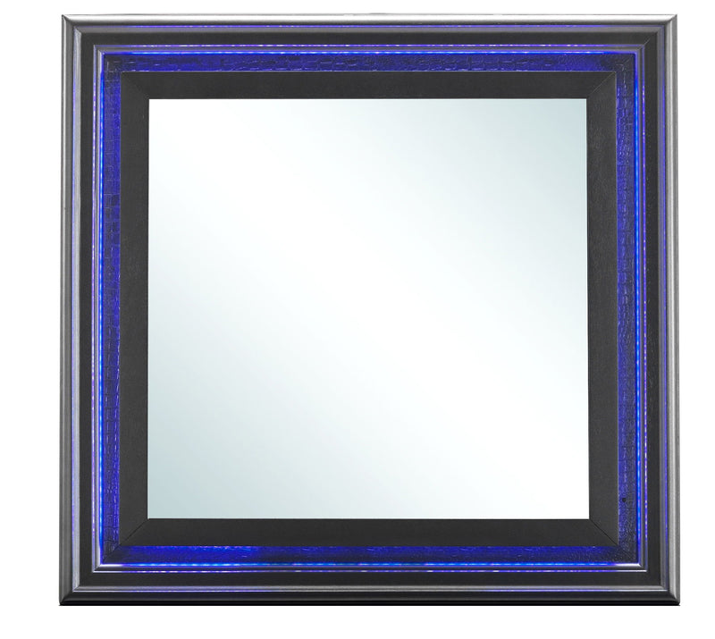 Glossy metallic black mirror from Glory Furniture with sleek rectangular frame, hanging on a modern wall.