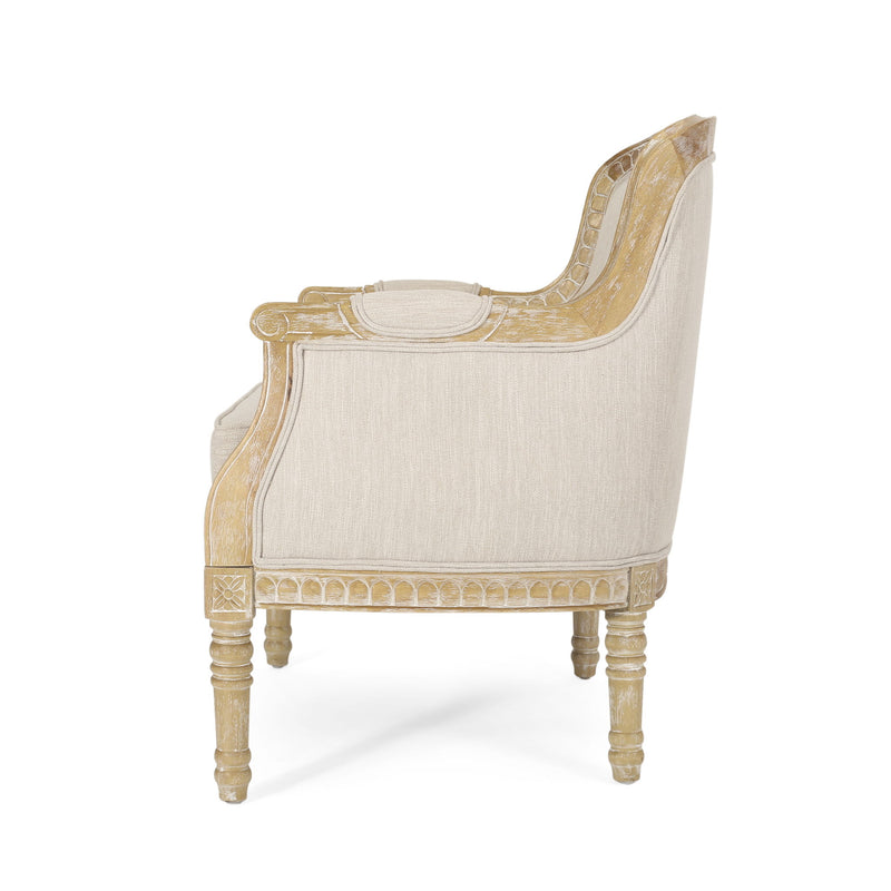 Noble House Style Club Arm Chair with plush cushioning and wooden legs, featuring a classic design for living room seating.