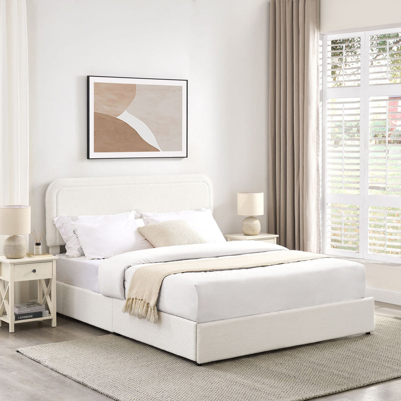 House & Home Furniture Liv upholstered storage platform bed with built-in drawers, showcasing a modern design and plush fabric finish.
