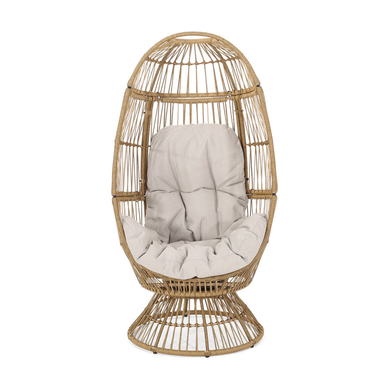 Noble House patio swivel basket egg chair with cushion, outdoor accent chair with woven wicker design and plush cushion for comfort.